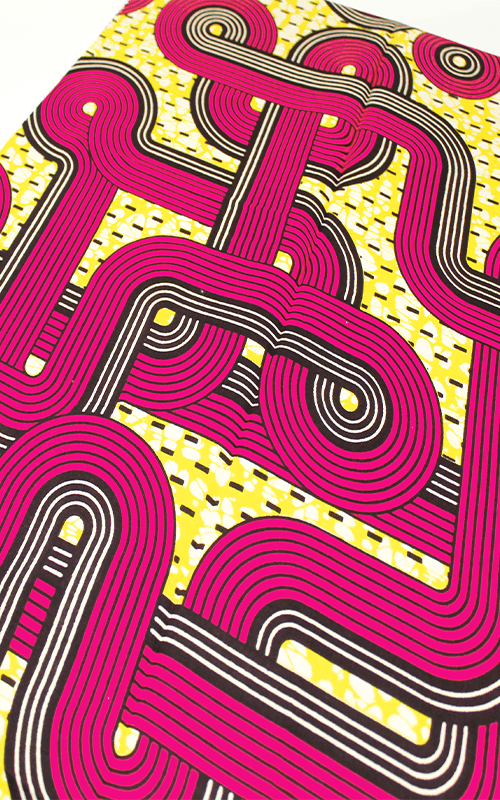 TESSUTO WAX PRINT, GIALLO FUCSIA, MOTIVO GEOMETRICO E OPTICAL, DETTAGLI