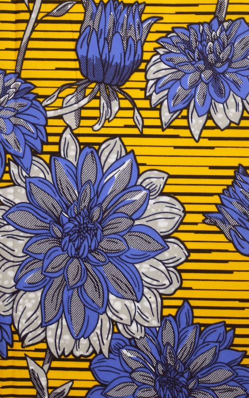 TESSUTO WAX PRINT GIALLO CON SFONDO GIALLO E FIORI BLU